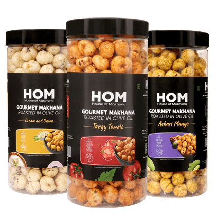 GOURMET MAKHANA Roasted in Olive Oil | Flavors Tangy Tomato, Cream & Onion and Achari Mango | Combo Of 3, 65g Each. - 195 gm