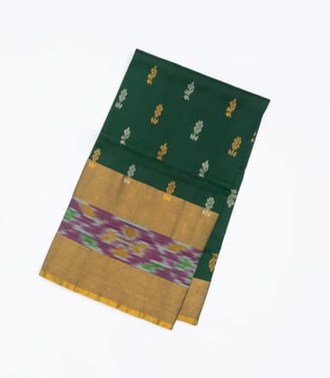 Dark Green Uppada Silk Saree With Floral Buttas & Tie & Dye Border-Dark Green