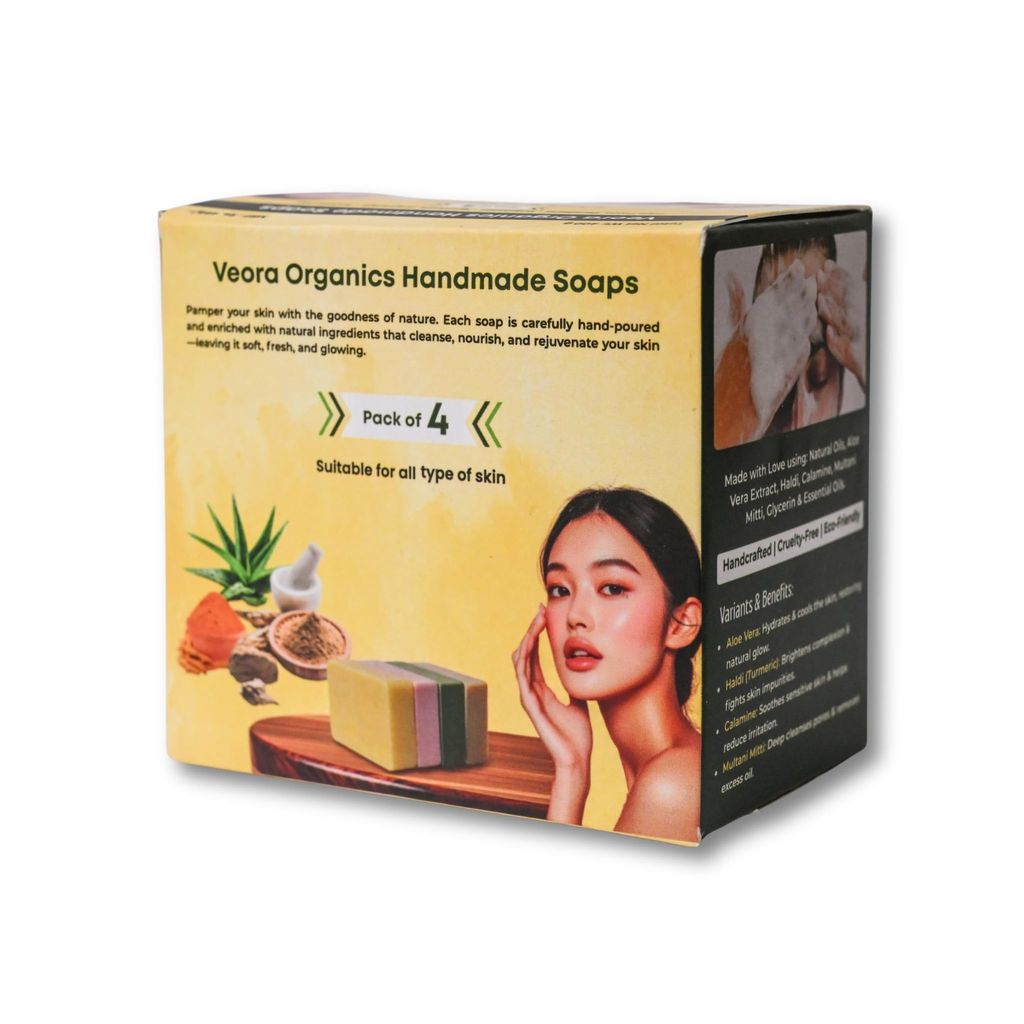 Veora Organics Handmade Soap Combo Pack | Natural Bath Soap with Haldi, Calamine, Aloe Vera & Multani Mitti | Chemical-Free Herbal Soap for Skin Cleansing & Nourishment | Suitable for All Skin Types | 100g Each (Pack of 4)