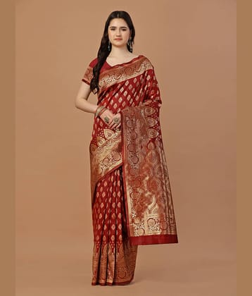 LEELAVATI Banarasi Silk Embellished Saree With Unstitched Blouse Piece ( Red )
