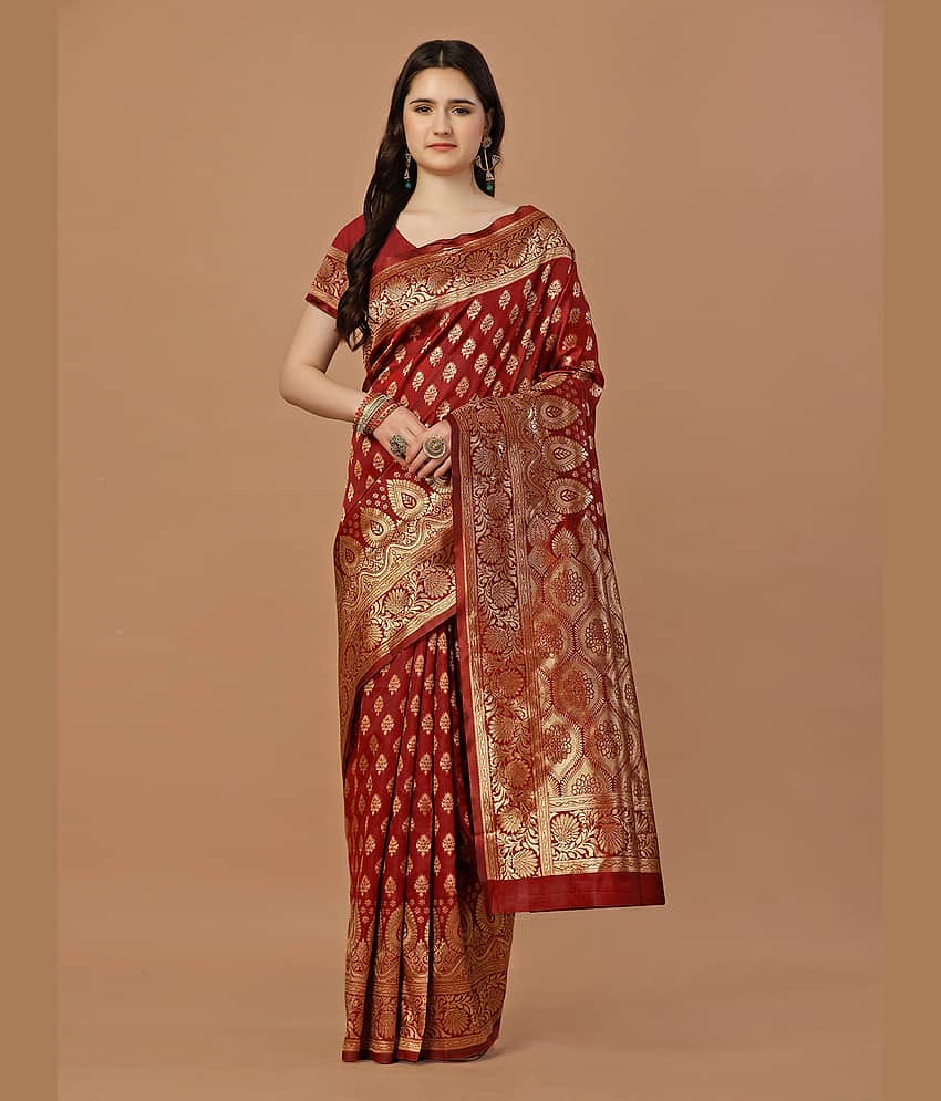 LEELAVATI Banarasi Silk Embellished Saree With Unstitched Blouse Piece ( Red )