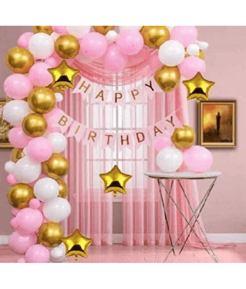 Jolly Party  Happy Birthday Balloons Decoration Kit items 47 Pcs , golden star balloons, Banner & Latex Metallic