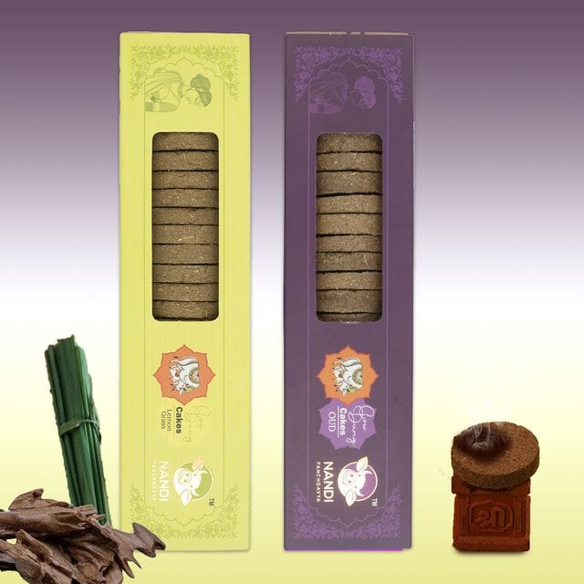 Nandi Panchgavya 100 Percent Desi Cow Dung Cake (42 Pcs) Plus 1 Tulsi Stand Lemongrass & Oud Fragrance