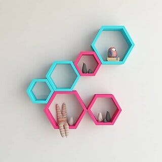 Onlinecraft Wooden Rack Shelf Wooden Wall Shelf (Number Of Shelves - 6, Blue, Pink, Multicolor)