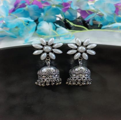 Antique Silver Plated Floral Pearl Jhumka Earring-AER 4198