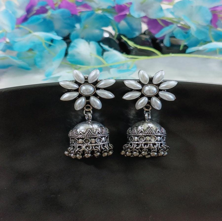 Antique Silver Plated Floral Pearl Jhumka Earring-AER 4198