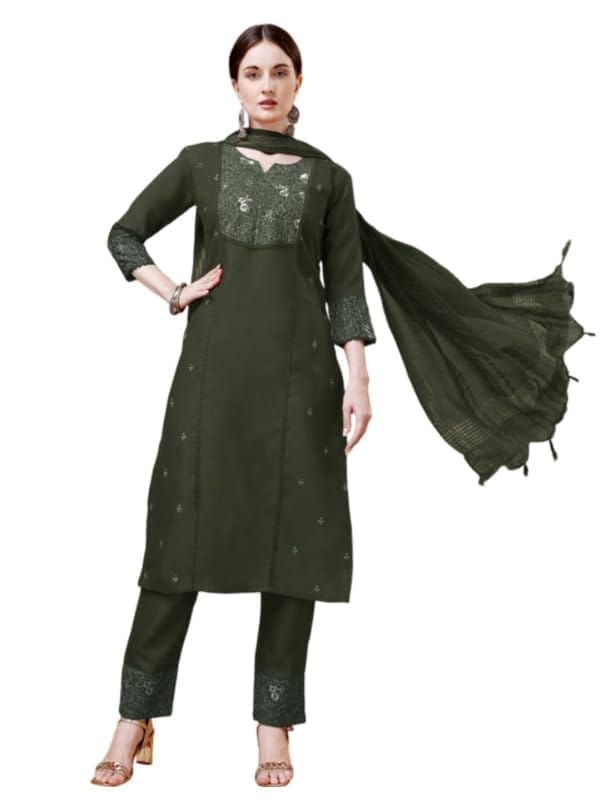 Women's Casual 3-4 th Sleeve Embroidery Cotton Kurti Pant Dupatta Set (Dark Green, XL)-PID50219