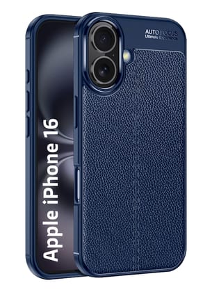 Vegan Leather Rugged Flexible TPU Series Shockproof Armor Back Cover for Apple iPhone 16, 6.1 inch, Blue