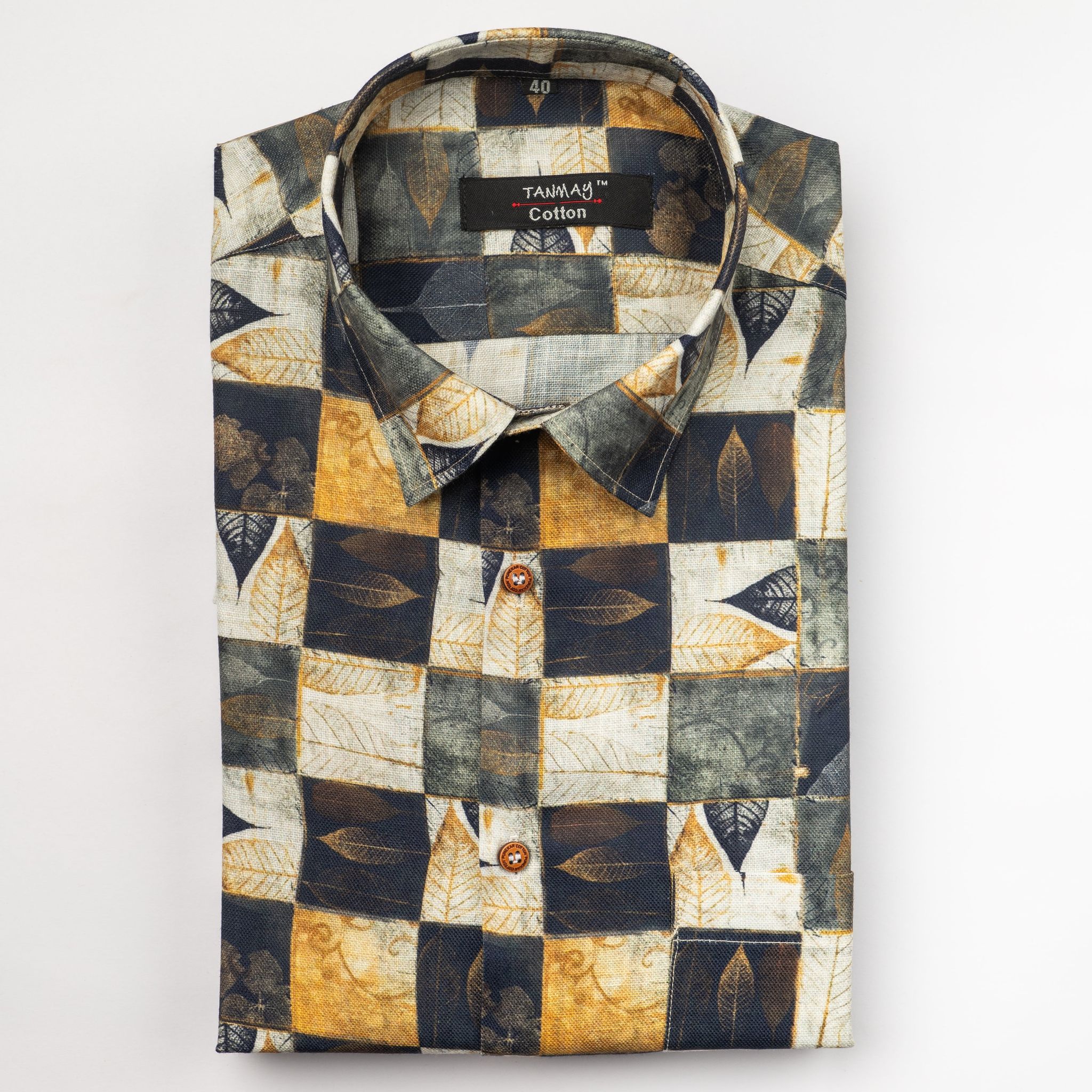Golden Black Color Leaf Moroccan Printed Shirt For Men's-M (38 Inch) (98 CM)