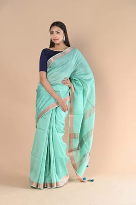 Handloom Cotton Silk Saree With Sleek Golden Border~teal green