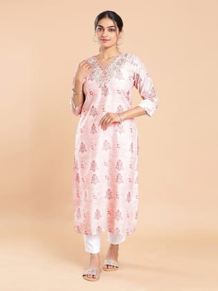 Kalyan Silks Floral Printed Baby Pink Color Kurti Top