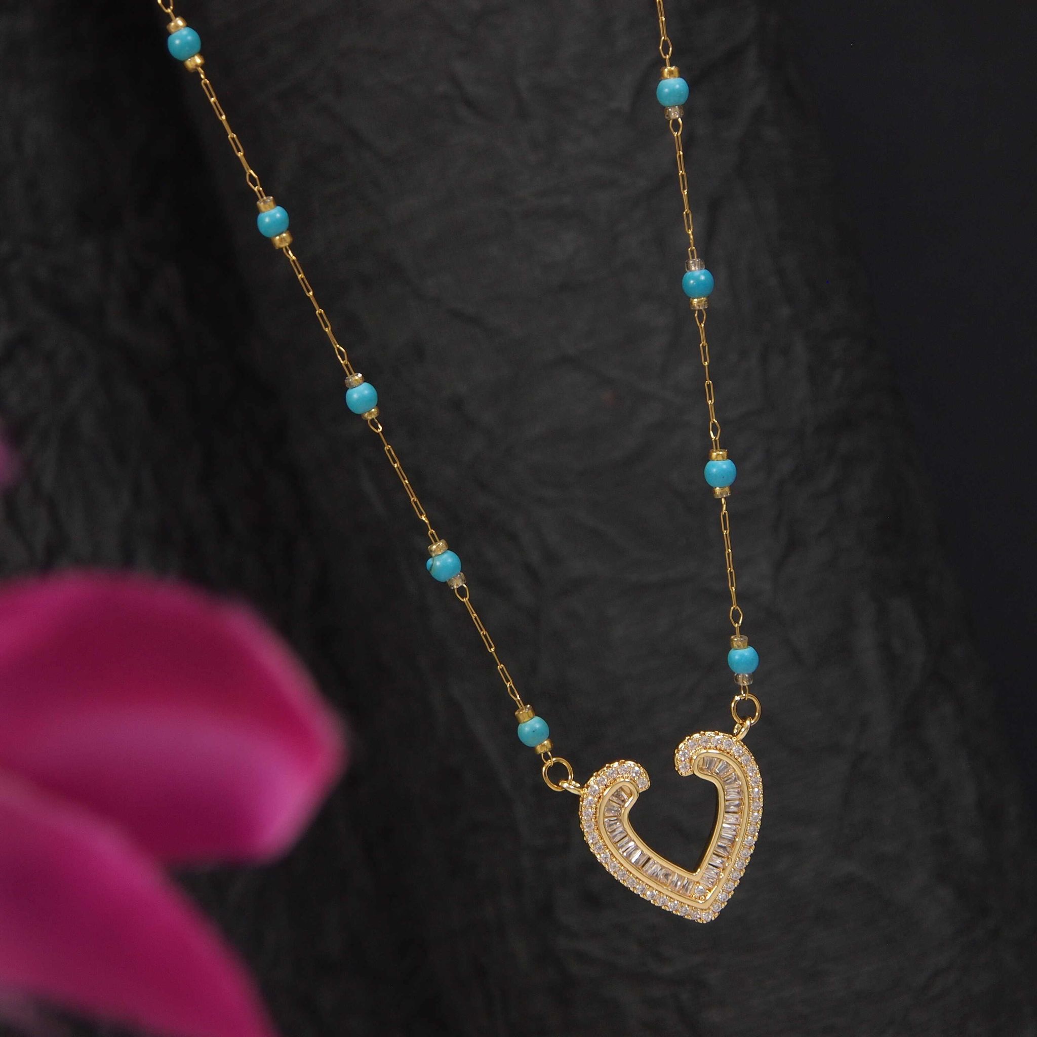 Stainless Steel Open Heart Pendent Pearl Chain Necklace - ST
