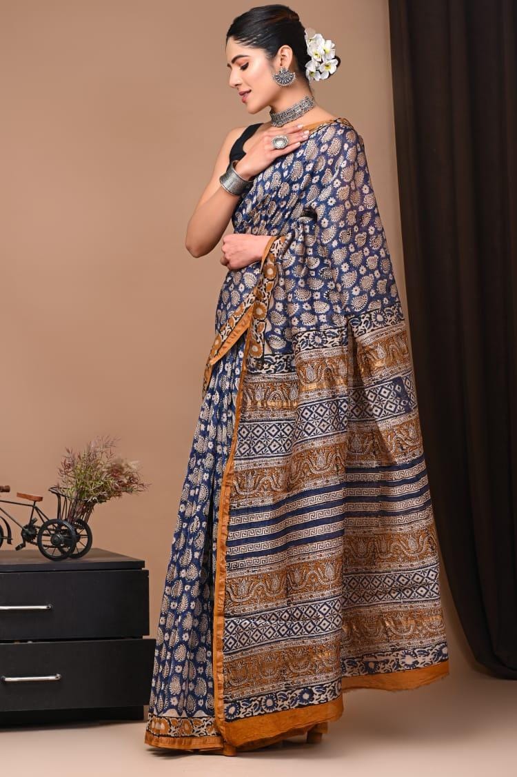 Thoughtful Pure Chanderi Silk Blue Saree Blockprinted
