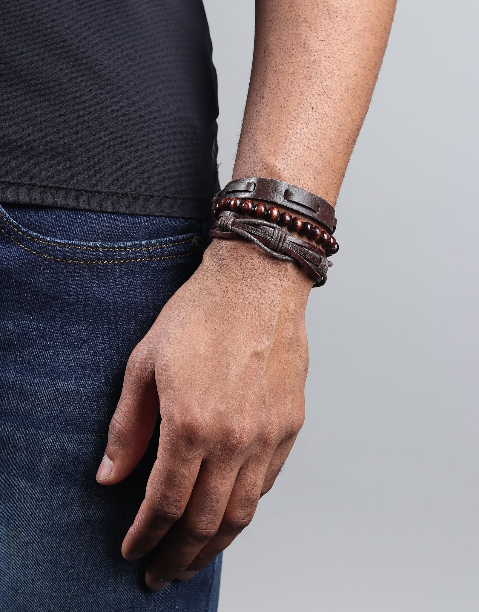 Tan Leather Trio Bracelet-Brown
