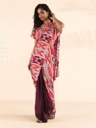 trueBrowns Maroon Muslin Ikat Saree - Maroon (Free Size)