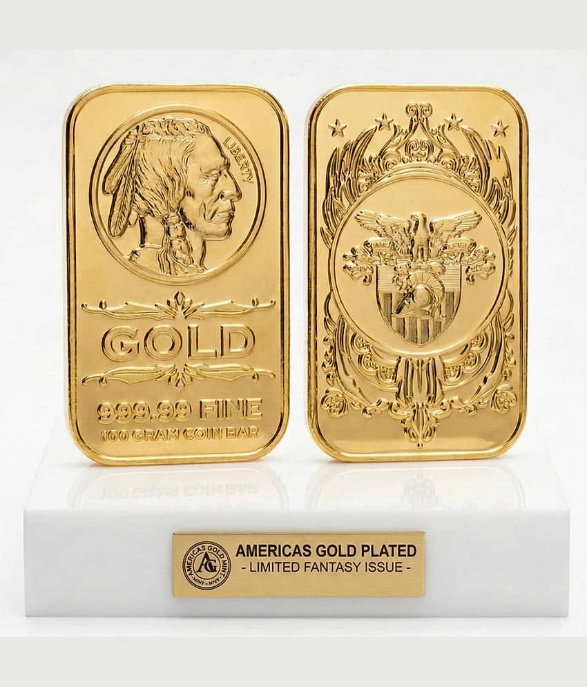 American Indian Head & Eagle Shield - USA Fantasy Pure Gold-Plated Metal 100 Gram Coin Bar