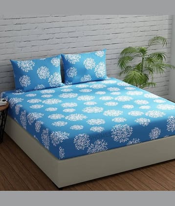 SHOMES Cotton Floral Fitted 1 Bedsheet with 2 Pillow Covers ( Double Bed ) - Blue