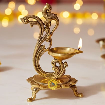 Brass Peacock Diya Jyoti Deepak Oil Lamp 1 Wick - Handcrafted Brass Deepak for Mandir Use, Height : 8 Inch (BSMAS1164 A) Brass Peacock Diya Jyoti Deepak Oil Lamp 1 Wick - Handcrafted Brass Deepak for Mandir Use, Height : 8 Inch (BSMAS1164 A)