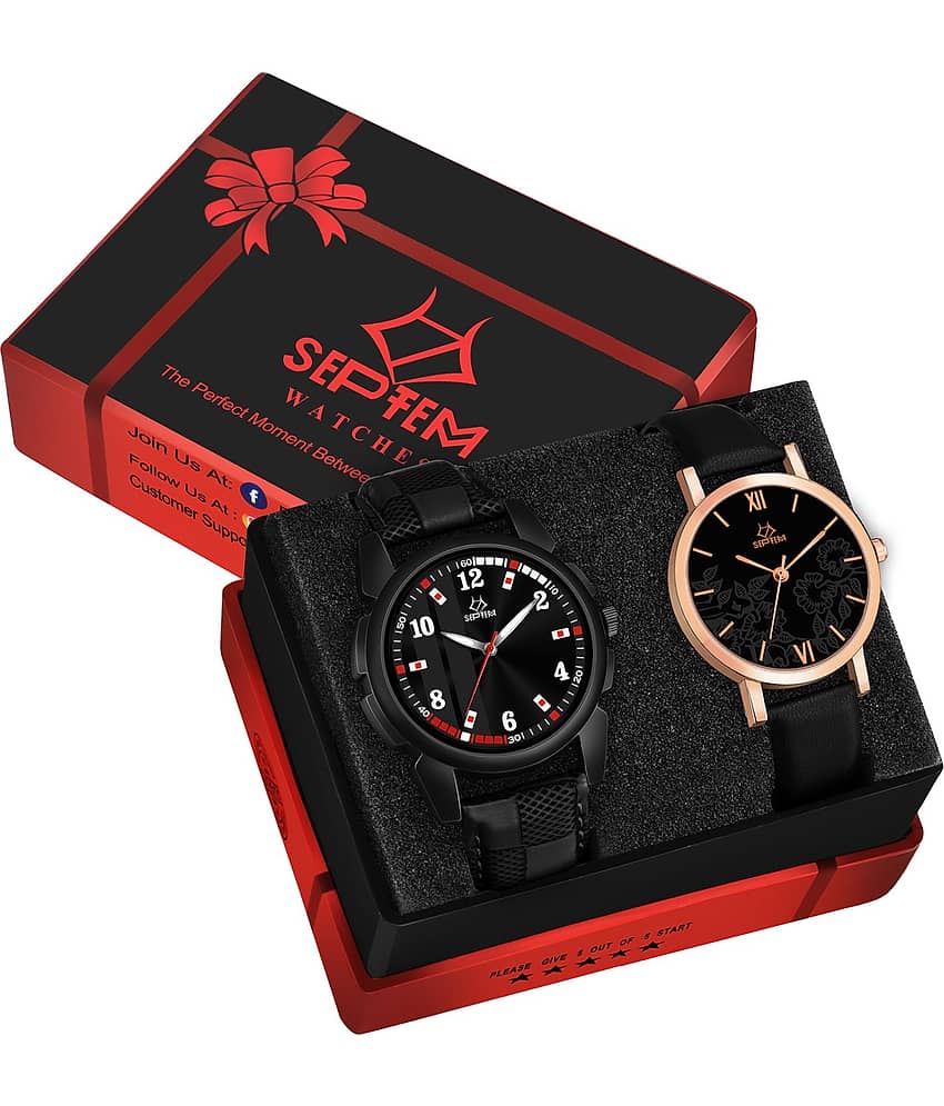 Septem Black Leather Analog Womens Watch