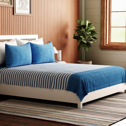 Hand Woven Striped Bed Cover with Pillow Cover in Blue & White - 90x108-90x108 Inches / Blue / White / 100% Cotton