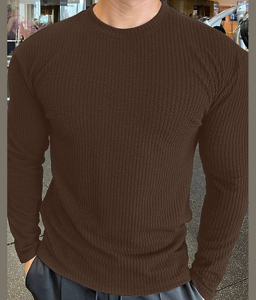 KAJARU Men Polyester Regular Fit Self Design T-Shirt ( Brown )