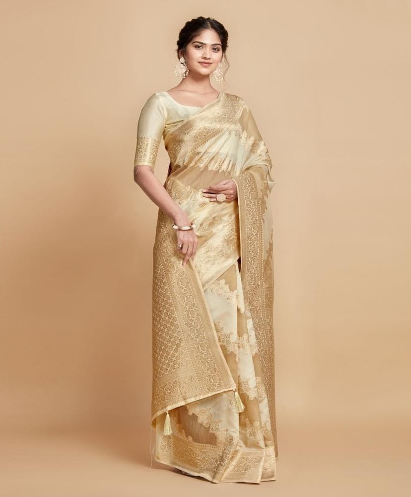 Women's Linen Printed Saree with Unstitched Blouse (Beige, 5-6 Mtrs)