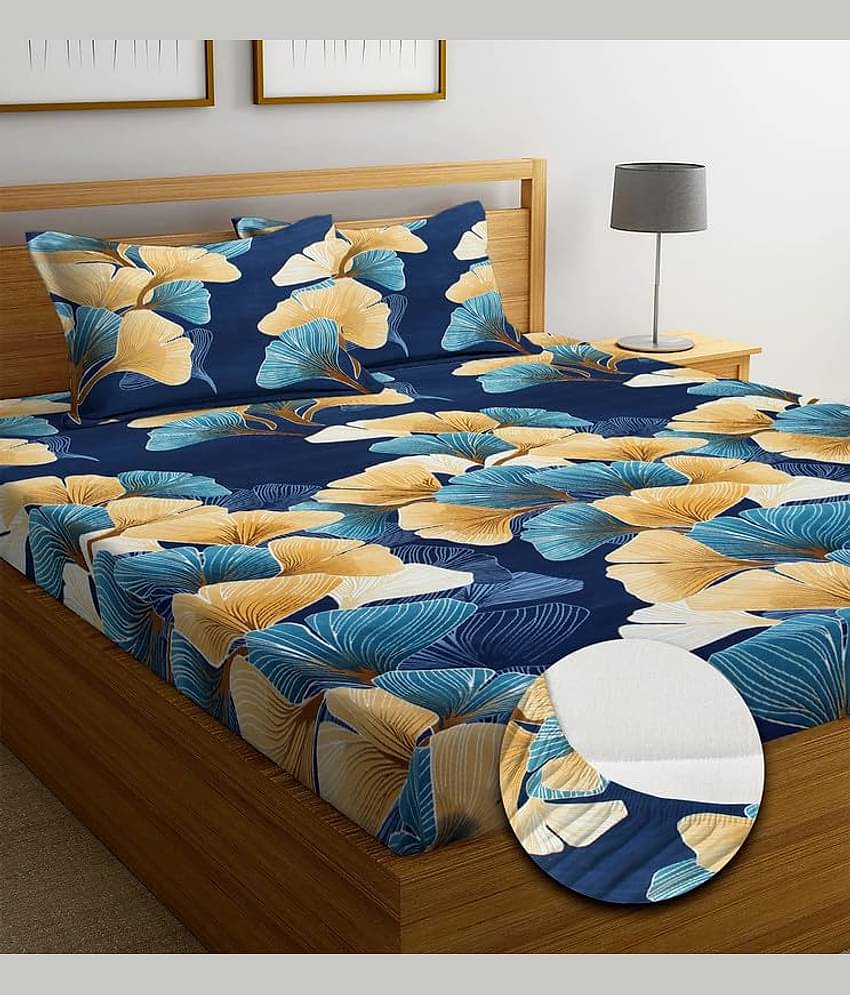 SHOMES Cotton Floral Fitted 1 Bedsheet with 2 Pillow Covers ( Double Bed ) - Blue
