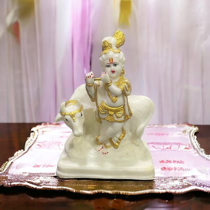 Standing Krishan Basuri With Cow Marble Look Idol , H-18.5 cm-Composite Marble
