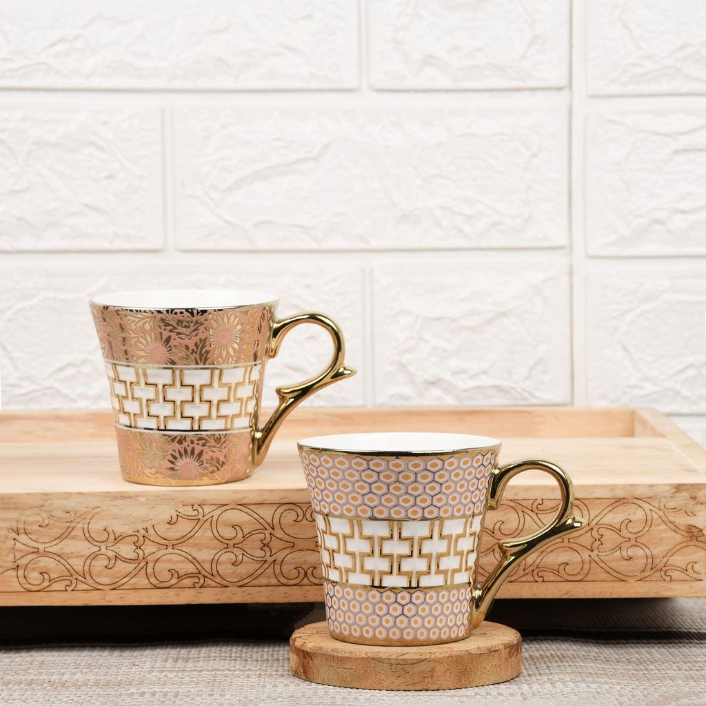 Femora Gold Pattern on Golden Mugs, Ceramic Tea Cups, Coffee Mugs (160 ml, Golden) - 6 Pcs Set