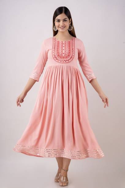 Women Embroidered Viscose Rayon A-line Kurta  (Pink)
