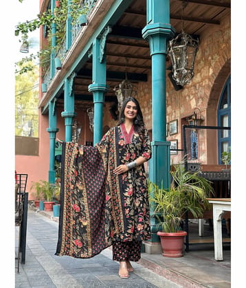 YAGNIK FASHION Women Rayon Self Design Anarkali Kurti With Palazzo ( Black )
