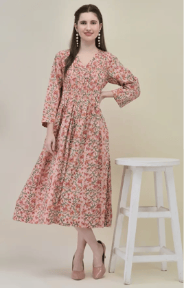 Peach Pink Hand Block Printed Dress