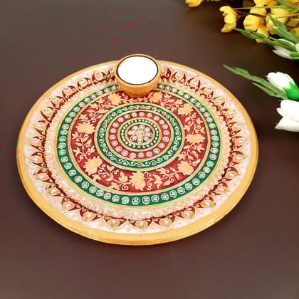 Marble Pooja Plate with Bowl, Kalash/Lota & Diya | Aarti Thali With Intricate Handwork - For Pooja, Weddings & Festivals - 9 Inch-Design 2