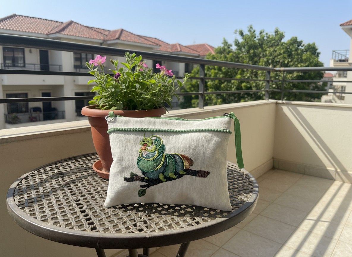 Ivvory Caterpillar Utility Pouch (25cm x 18cm) | Hand Embroidered & Caterpillar Printed | Multi-purpose Organizer