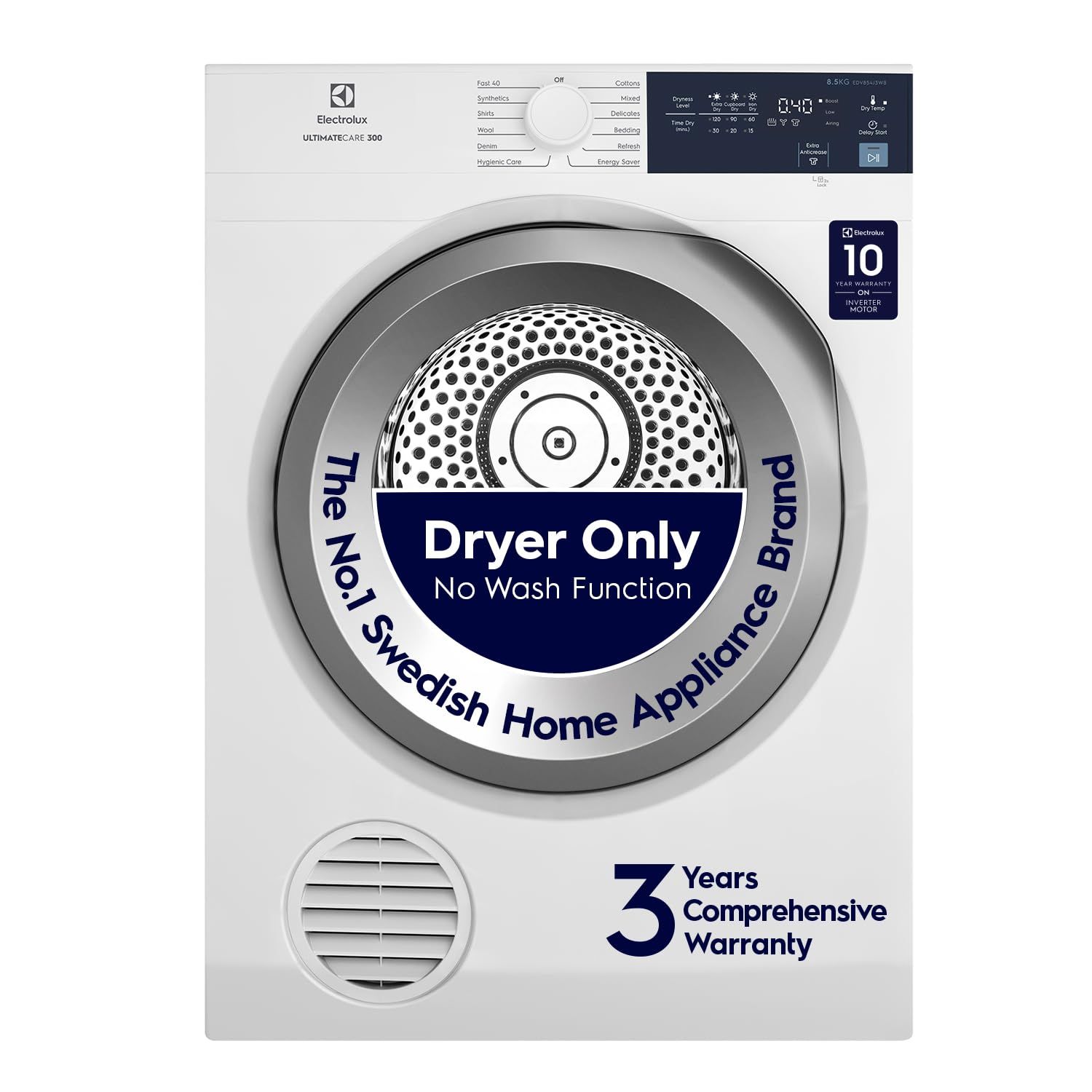 Electrolux 8.5Kg Fully Automatic Vented Clothes Dryer Machine, Reverse Tumbling, Smart Sensors, Colour Care, Drying Only - No Washing Function, White, UltimateCare 300, EDV854J3WB Electrolux 8.5Kg Fully Automatic Vented Clothes Dryer Machine, Reverse Tum