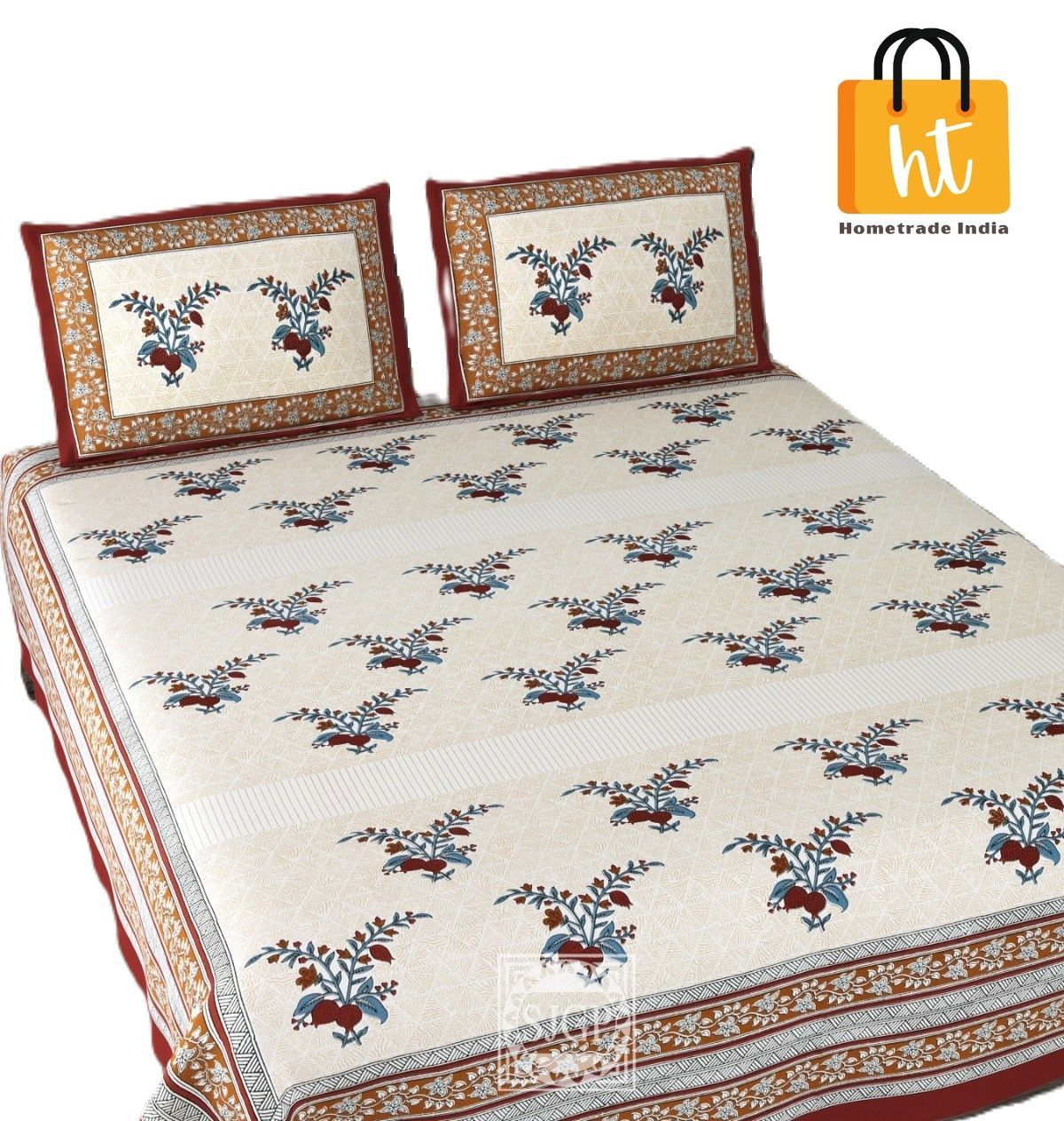 3001-Hometrade India-Standard King Size (90*108 Inches) Double Bedsheet With 2 Pillow Cover-RJ-14-Jaipur lining-3182