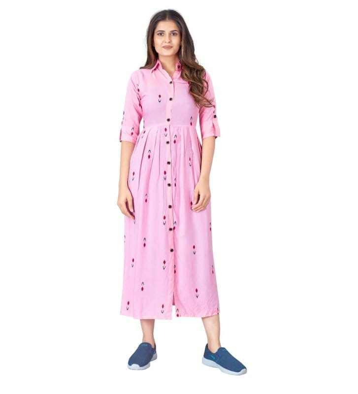 Women's Casual 3/4th Sleeve Printed Rayon Kurti (Pink, S)-PID46180