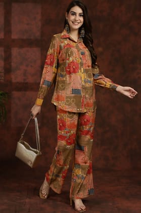 Brown Abstract Printed Premium Chanderi Tunic With Trousers Co-ord Set-m