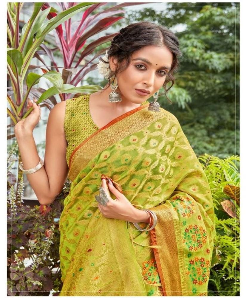 Women's Organza Printed Saree with Unstitched Blouse (Olive, 5-6 Mtrs)