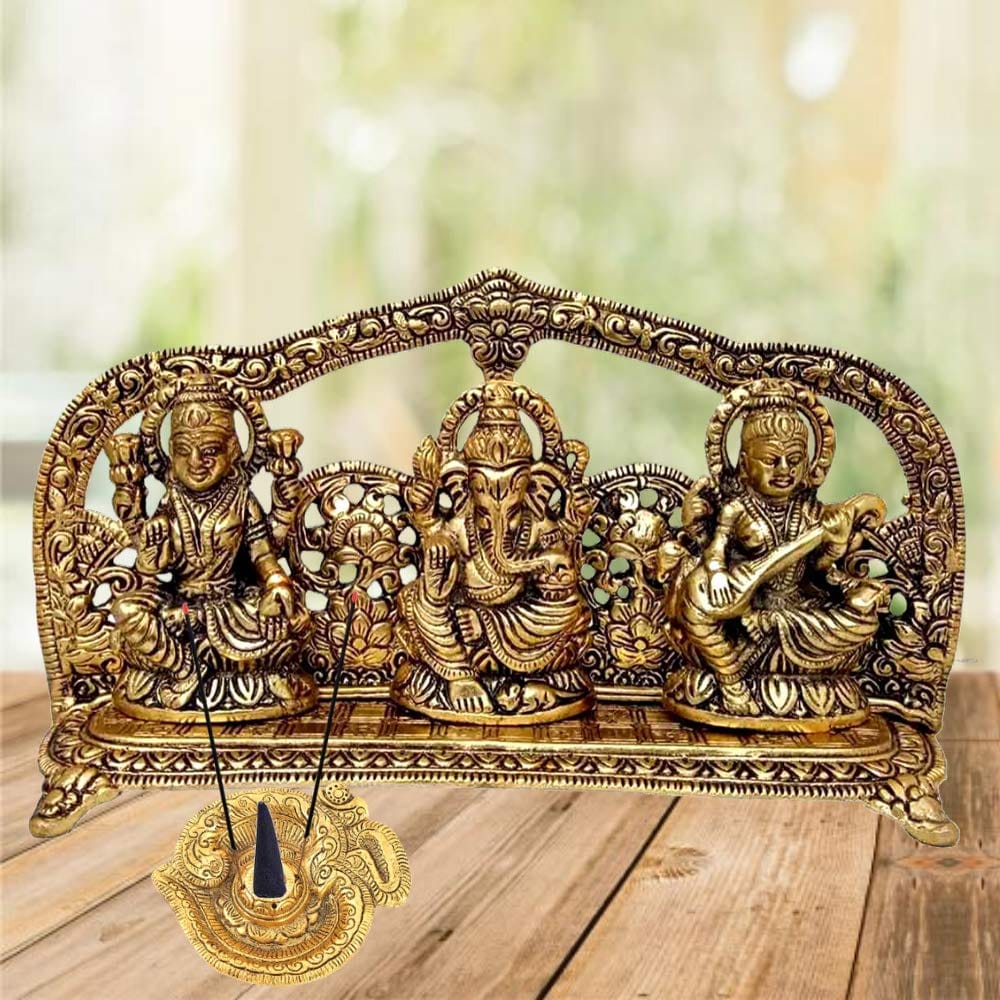 DreamKraft Metal Laxmi Ganesh Saraswati Idol, 14 cm x 26 cm x 5 cm, Gold