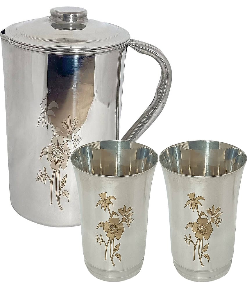 A & H ENTERPRISES Daily Use FLoral Stainless Steel Jug and Glass Combo 1800 mL