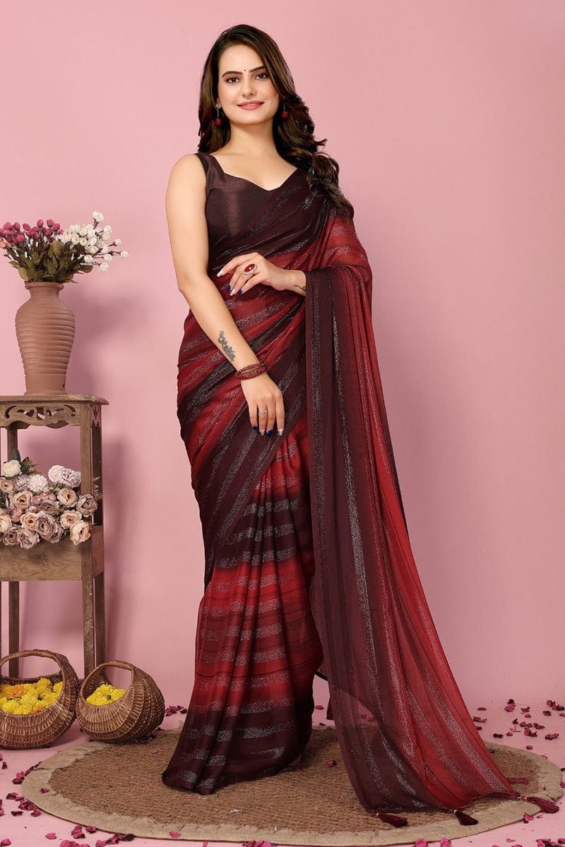 Blooming Red 1 Minute Ready To Wear Nylon Silk Saree