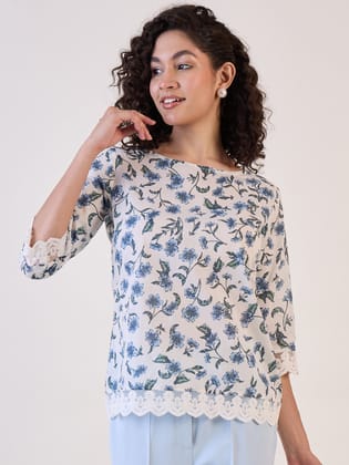 White Floral Boat Neck Top-M