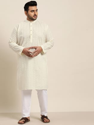 Men's 100% Cotton Cream Chikankari Kurta & Off-White Churidaar Pyjama-44
