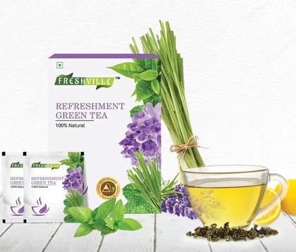 Freshville Refreshment Green Tea Bag | Pure & Natural | Skin Glow | Immunity Booster | Removes Toxins | Peppermint, Lemon, Lemongrass, Lavender, Green Tea Bag (15 bags).15Bag