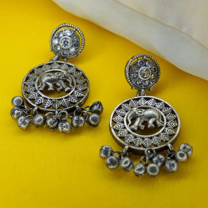 Oxidized Silver Elephant Engraved Dangle Earrings