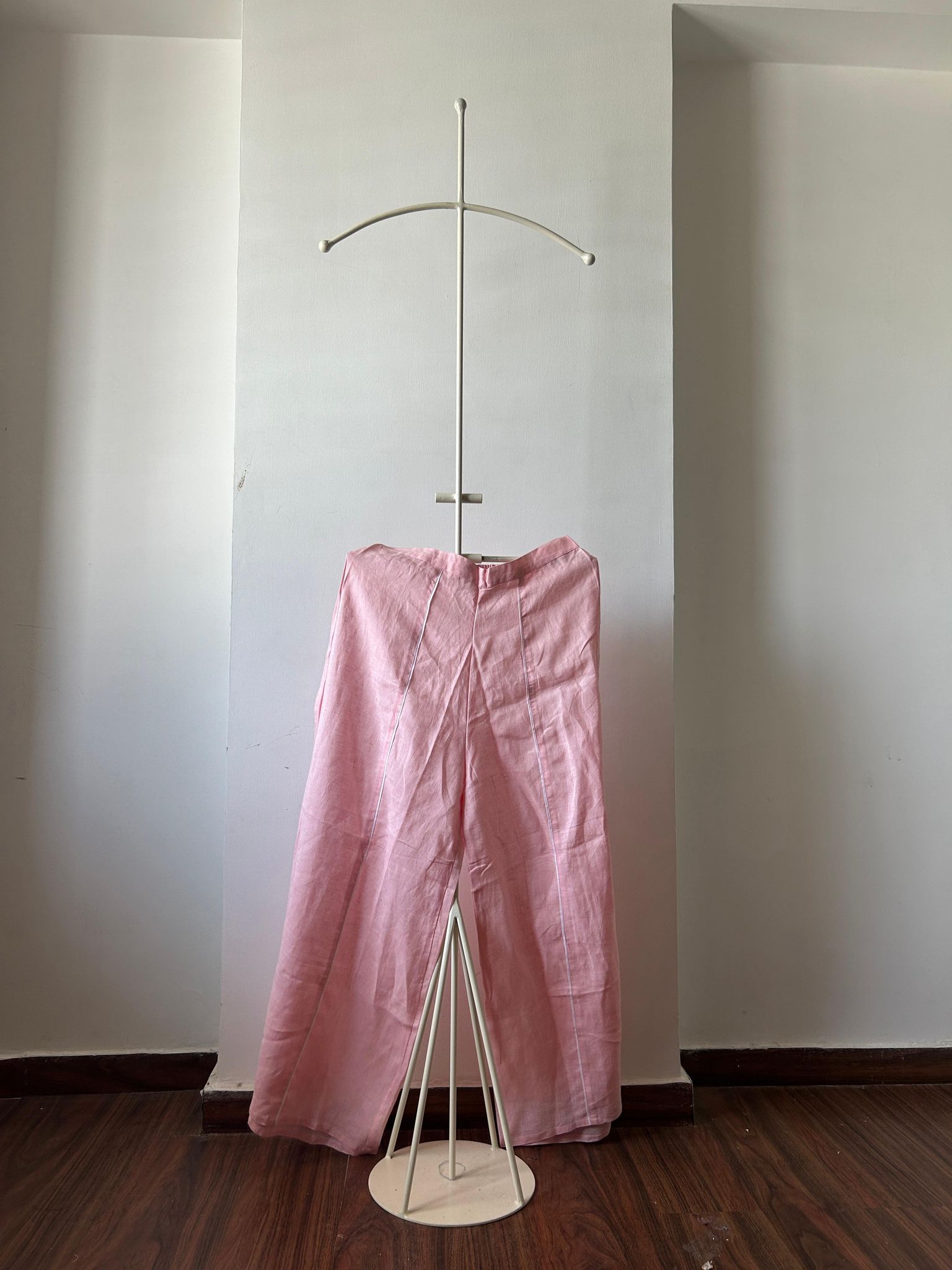 Pink Linen Palazzo With White Piping-M