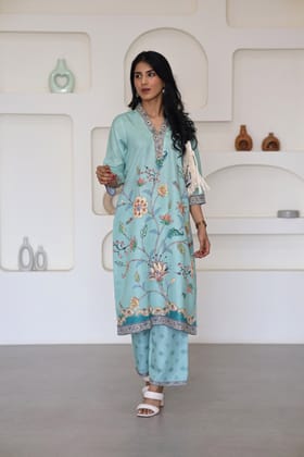 Green Floral Printed Kurti Set-XS