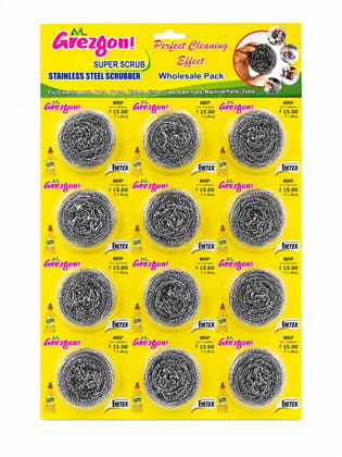 Grezgon Super Scrub Stainless Steel Scrubber, Wholesale Pack of 12 | Multi-Surface Cleaning, Kitchen & Bathroom Use, Steel Wire Scrubber, Rust-Resistant Grezgon Super Scrub Stainless Steel Scrubber, Wholesale Pack of 12 | Multi-Surface Cleaning, Kitchen & Bathroom Use, Steel Wire Scrubber, Rust-Resistant