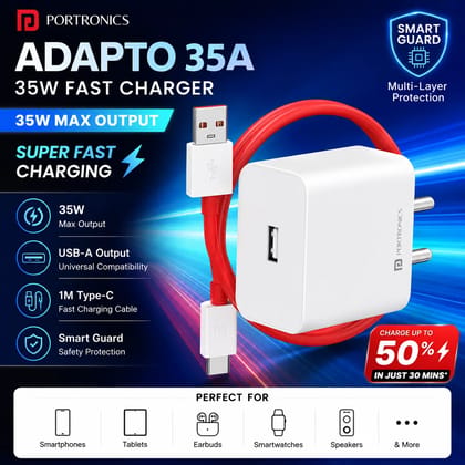 Portronics Adapto 35A 35W Fast Charger with 1M USB to Type-C Cable | USB-A Wall Adapter | VOOC, DASH, WARP & Quick Charge Support | Short Circuit Protection | Fast Charging Travel Charger for Android Smartphones & Tablets Portronics Adapto 35A 35W Fast Charger with 1M USB to Type-C Cable | USB-A Wall Adapter | VOOC, DASH, WARP & Quick Charge Support | Short Circuit Protection | Fast Charging Travel Charger for Android Smartphones & Tablets